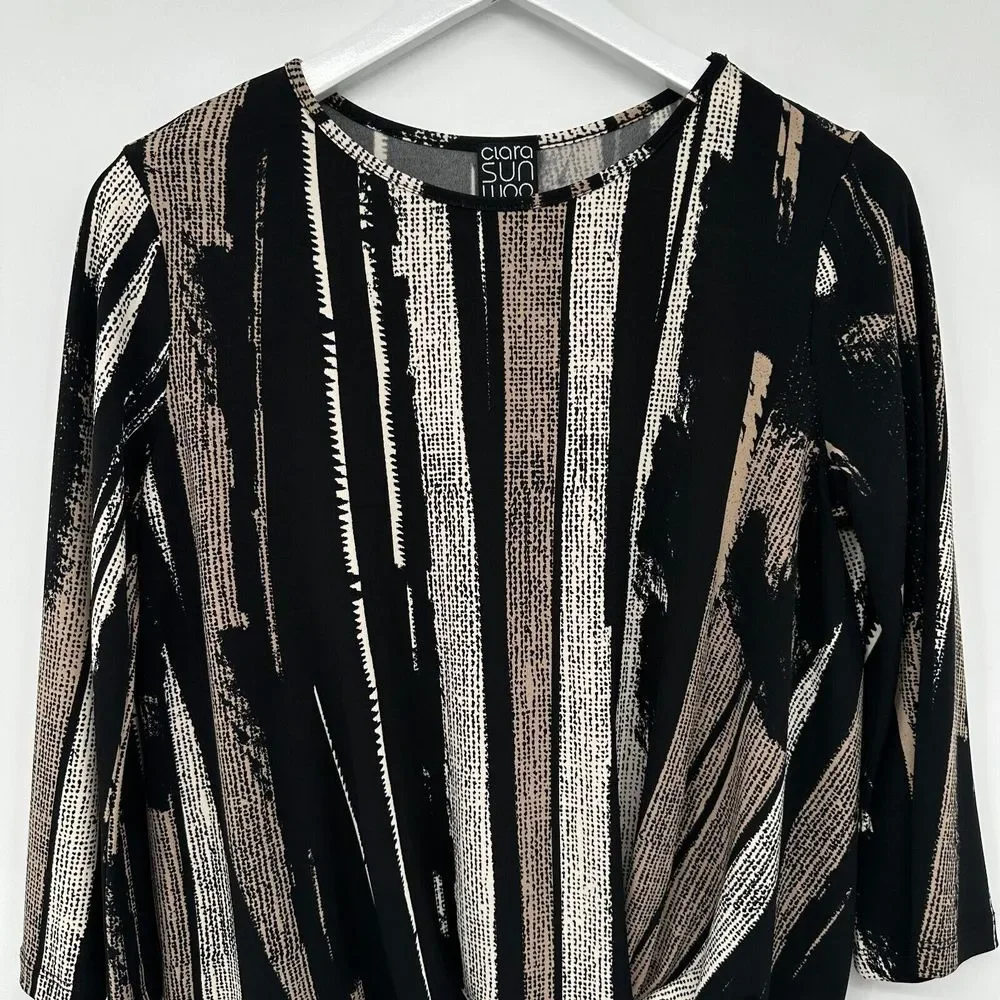 Clara Sun Woo Top Shirt Size XS Stretch Knit 3/4 Flare Sleeve Black Beige Blouse